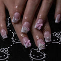 24 Medium Square Nail Pink French Cute Cartoon Cat White Love Camellia Nail Patch Jelly Powder Bow Wear Nail Set