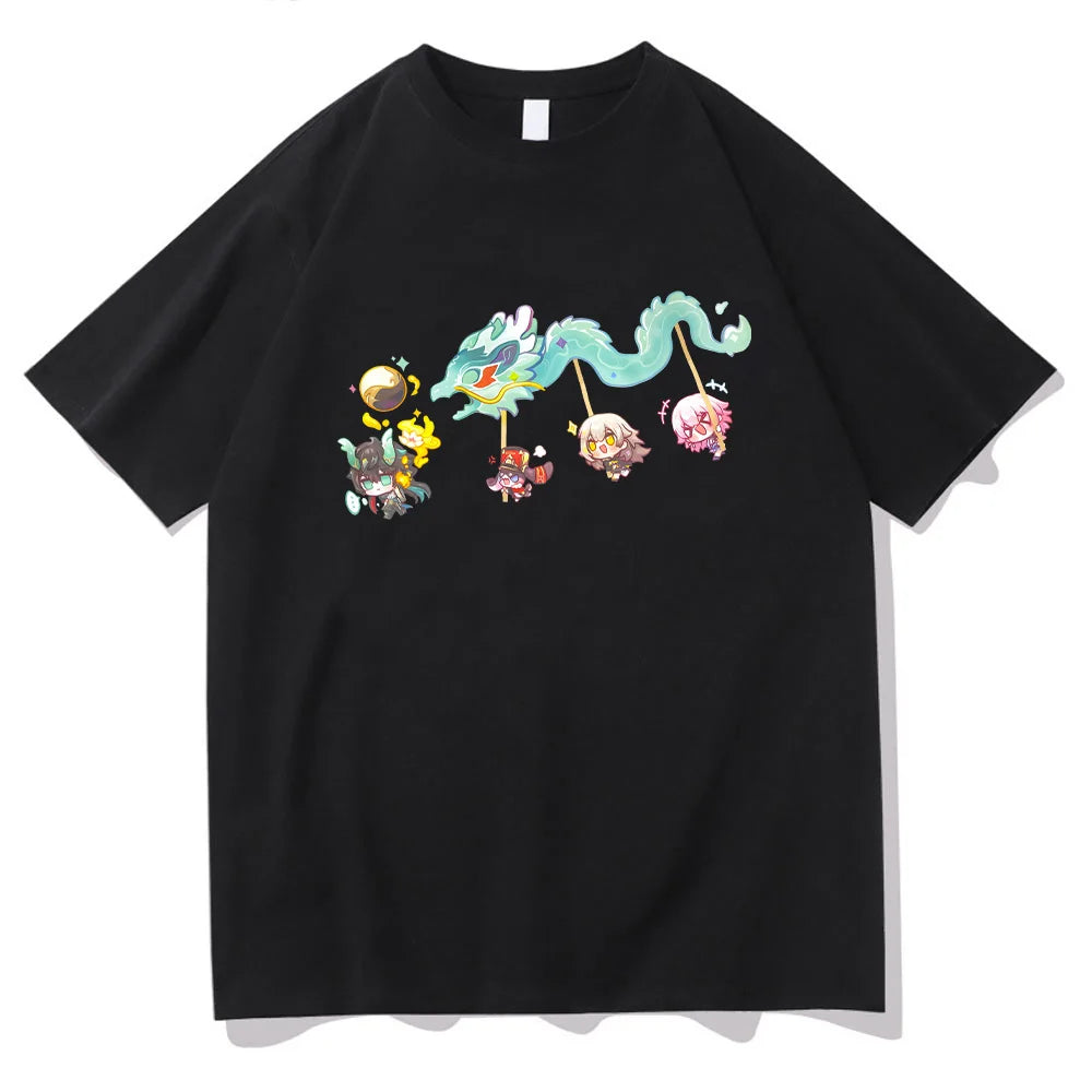 Imbibitor Lunae & Friends Dragon Dance Cotton T-shirt Honkai Star Rail Game Tees Adorable Q-version Cartoon Tops Unisex Clothing