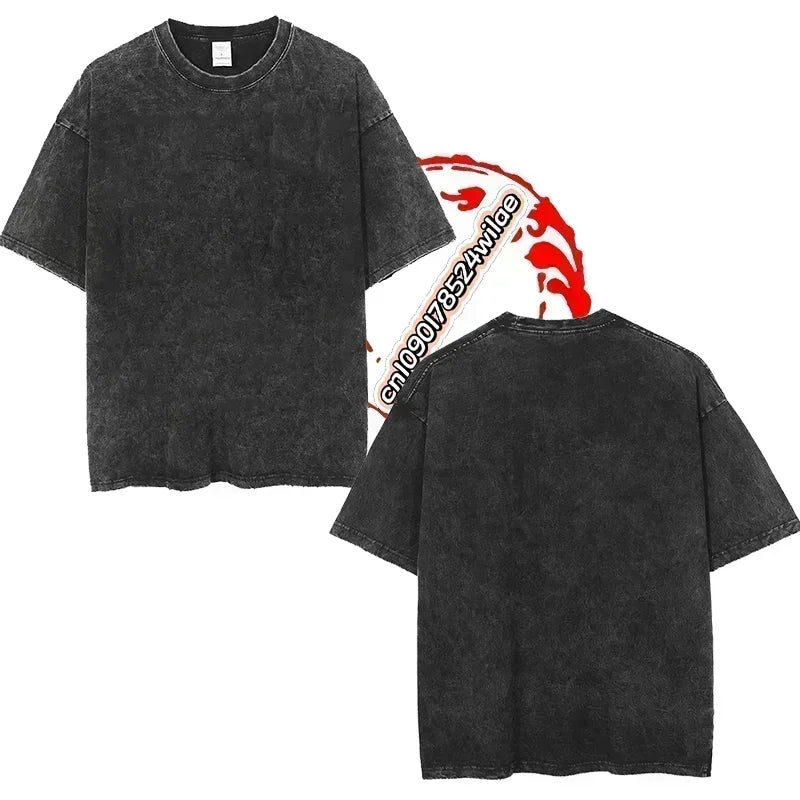 Anime Demon Slayer Shinazugawa Sanemi Cool Printed T-shirt Women Tshirts Vintage Washed Cotton Tee Harajuku Gothic Men T Shirt