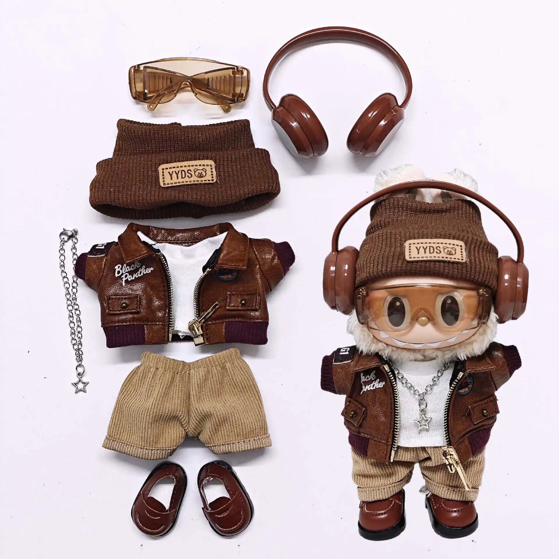 Labubu Retro Pilot Outfit Vintage Leather Jacket Aviator Headset Camera For 15/17cm 1st/2nd/3rd Gen Dolls