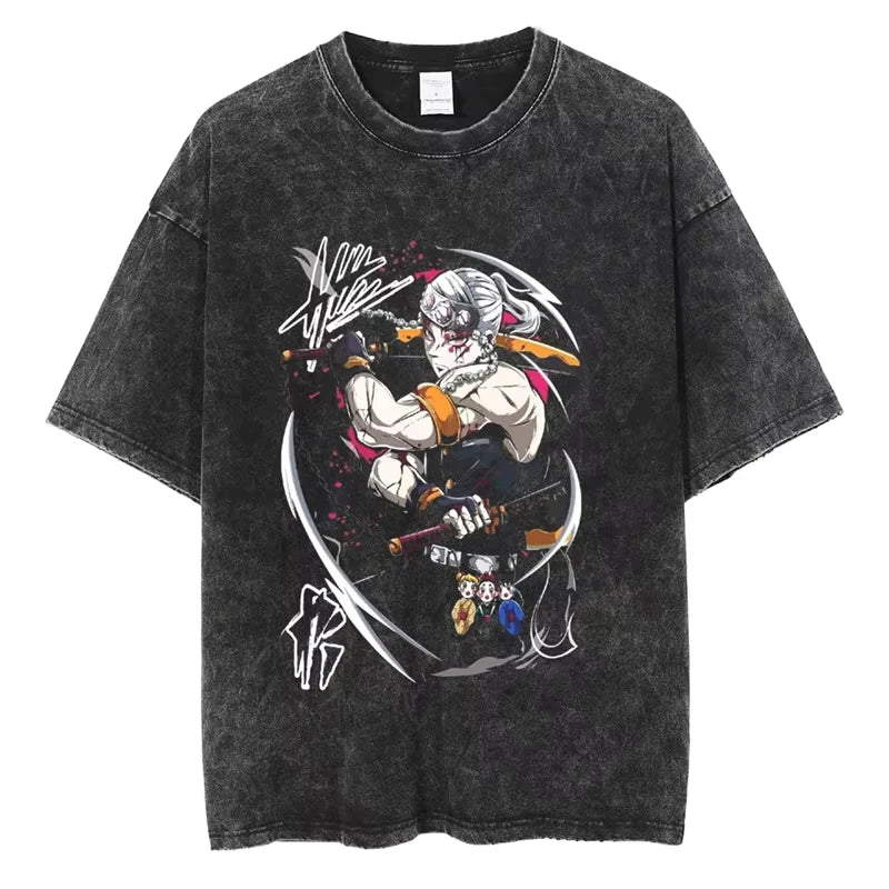 Anime Demon Slayer Shinazugawa Sanemi Cool Printed T-shirt Women Tshirts Vintage Washed Cotton Tee Harajuku Gothic Men T Shirt