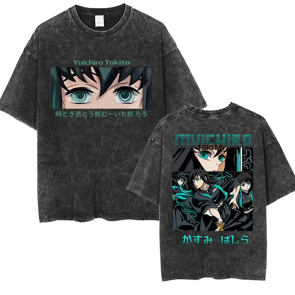 Summer New Demon Slayer Anime Tokitou Muichirou Peripheral Washed T-shirt Men and Women Loose Casual Harajuku Short Sleeved Top