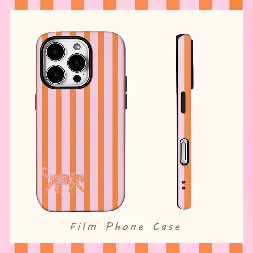 Pink-orange Striped Tiger Phone Case for IPhone 16 15 14 13 12 11 X XS XR XSMAX 7 8 Pro Max Plus Double-layer Back Cover