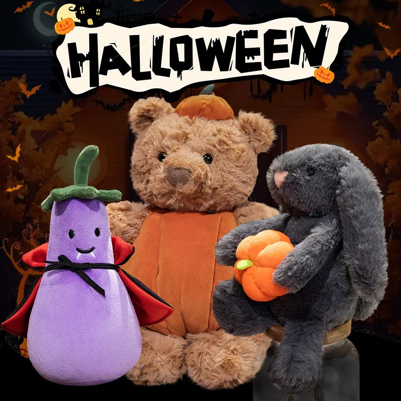 Creative Pumpkin Bear Plush Toys Soft Black Rabbit Hold Pumpkin Earphone &Cloak Eggplant Stuffed Doll Halloween Trick Or Treat