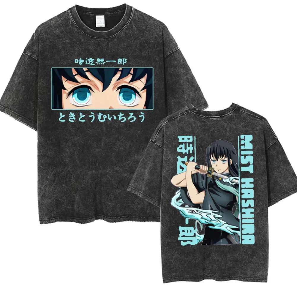 Summer New Demon Slayer Anime Tokitou Muichirou Peripheral Washed T-shirt Men and Women Loose Casual Harajuku Short Sleeved Top