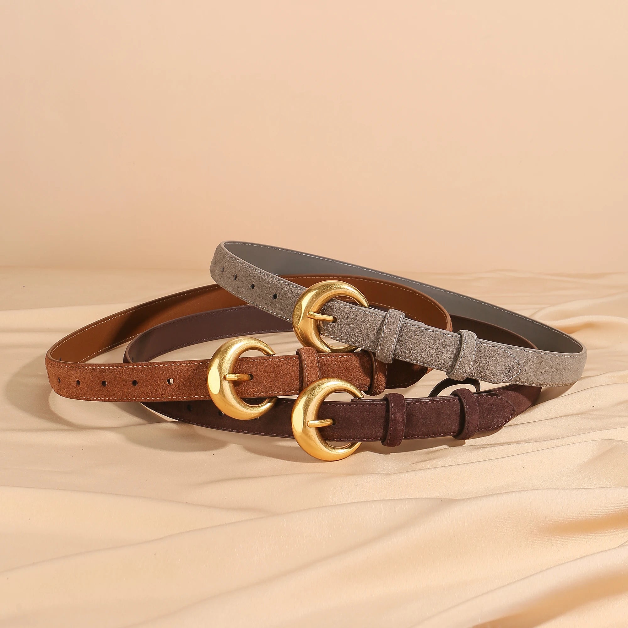Premium Genuine Leather & Suede Women's Belt - Gold Round Pin Buckle Vintage Waistband for Jeans Dress Casual