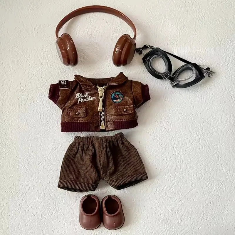 Brown Retro Flying Jacket Fashion Doll Clothes Set for 17cm Labubu Doll - Accessory Gift Item