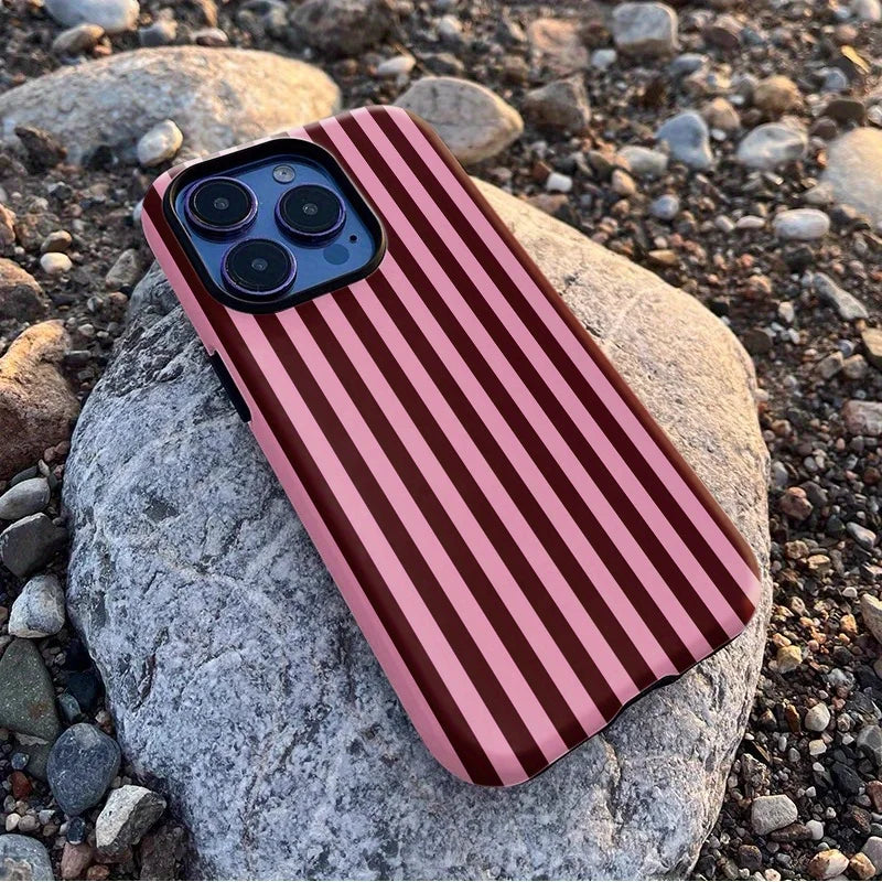 Fashion Pink Black Stripe Phone Case for iPhone 17 16 15 14 13 12 11 X XS XR 7 8 Air Pro Max Plus Luxury Double-layer Back Cover
