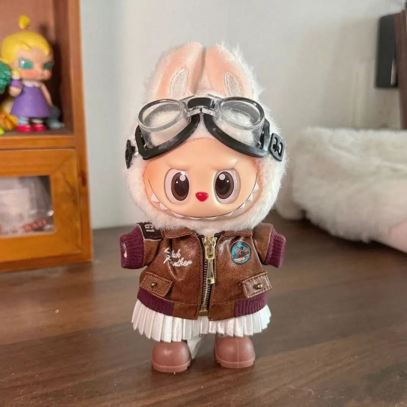 Brown Retro Flying Jacket Fashion Doll Clothes Set for 17cm Labubu Doll - Accessory Gift Item