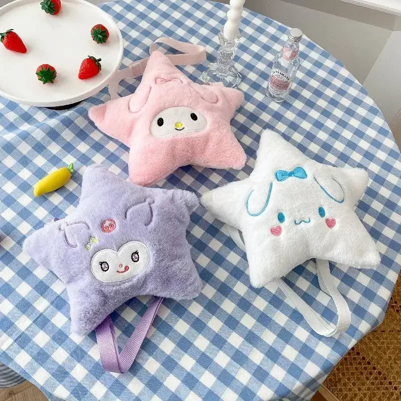 Sanrio Five Pointed Star Plush Bag Cinnamoroll My Melody Kuromi Anime Cartoon Embroidery Accessory Kawaii Storage Bag Girls Gift