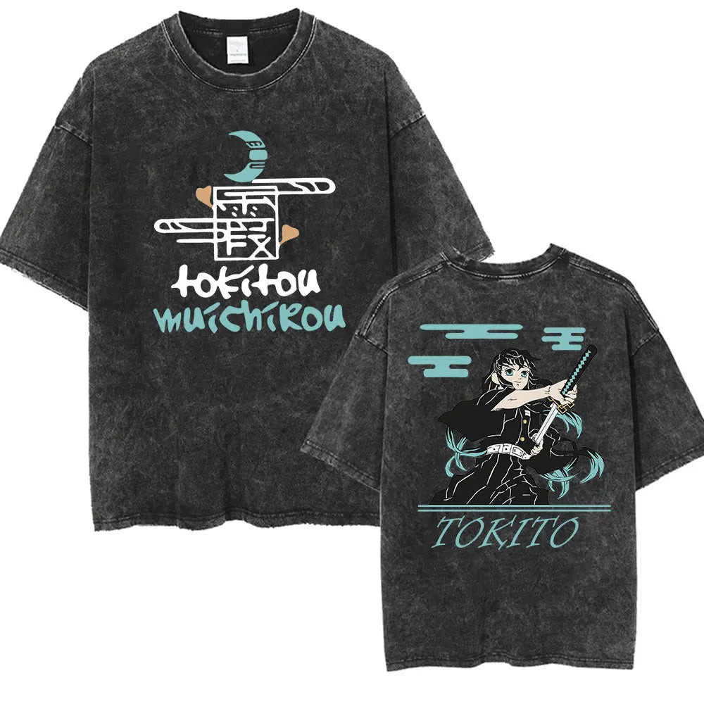 Summer New Demon Slayer Anime Tokitou Muichirou Peripheral Washed T-shirt Men and Women Loose Casual Harajuku Short Sleeved Top
