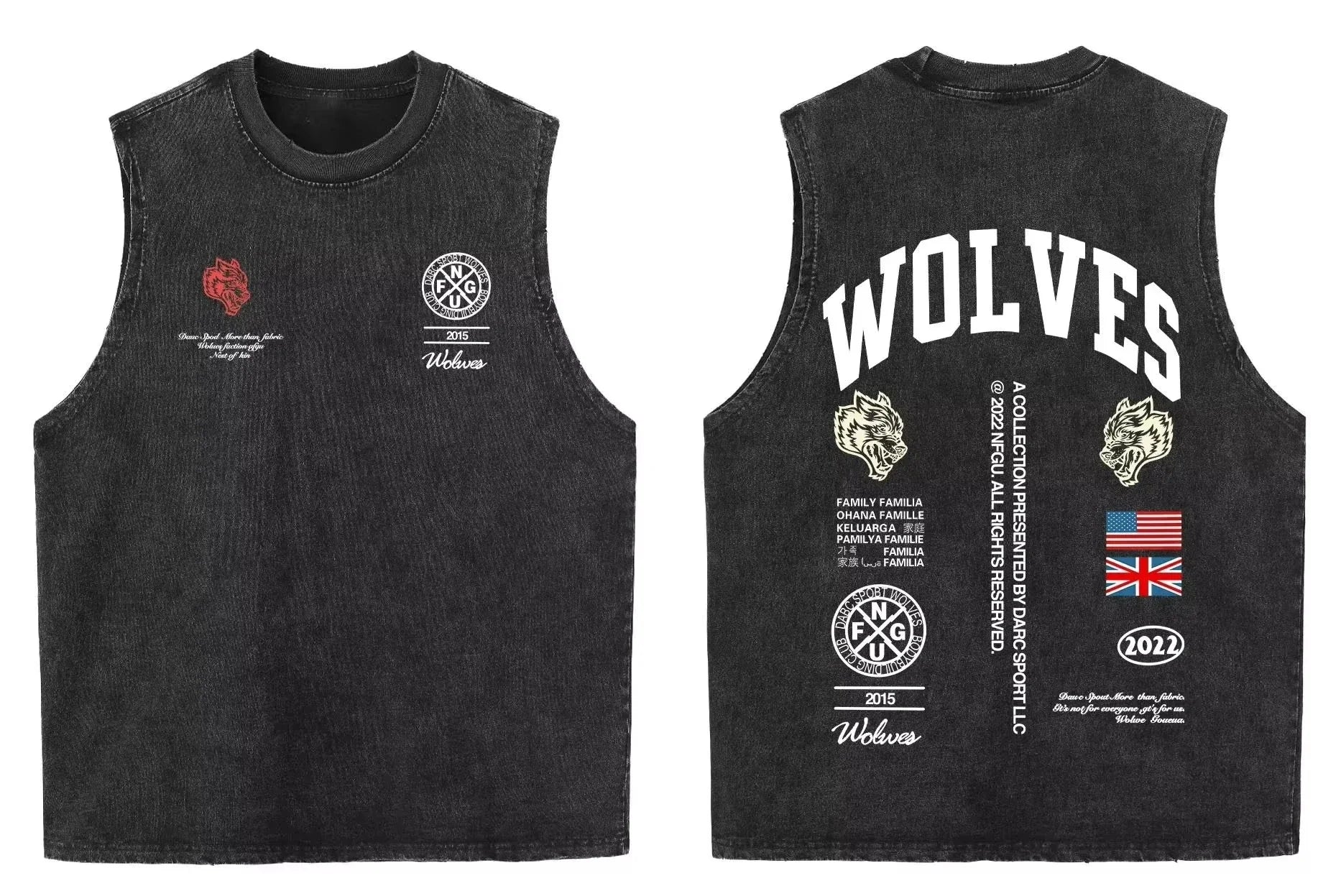 2025 summer American vintage Washed men's T shirt Wolf Head Print Tank Top Gym Fitness Sleeveless T shirt Exercise Vest Women