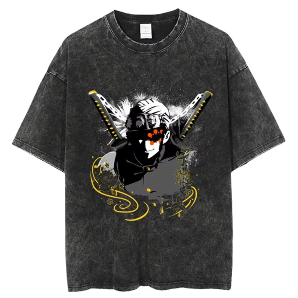 Anime Demon Slayer Shinazugawa Sanemi Cool Printed T-shirt Women Tshirts Vintage Washed Cotton Tee Harajuku Gothic Men T Shirt