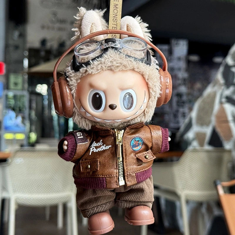 Labubu Retro Pilot Outfit Vintage Leather Jacket Aviator Headset Camera For 15/17cm 1st/2nd/3rd Gen Dolls