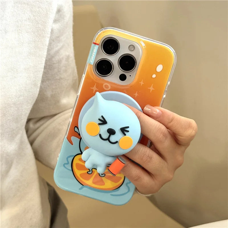 Funny Cute Orange Juice Magnetic Phone Case For iPhone 16 Pro 14 15 Pro Max Cover with Magsafe Stand Holder Kawaii Cases 16 Capa