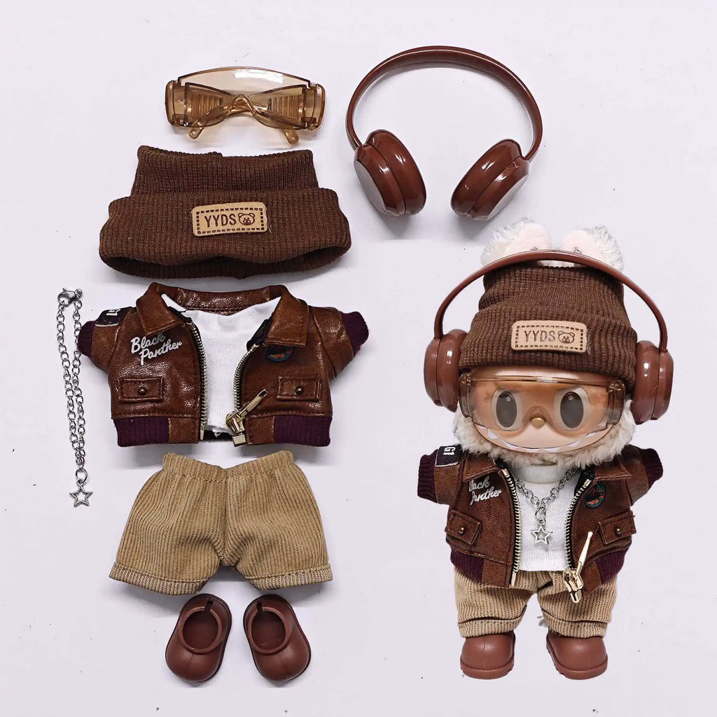 Labubu Retro Pilot Outfit Vintage Leather Jacket Aviator Headset Camera For 15/17cm 1st/2nd/3rd Gen Dolls