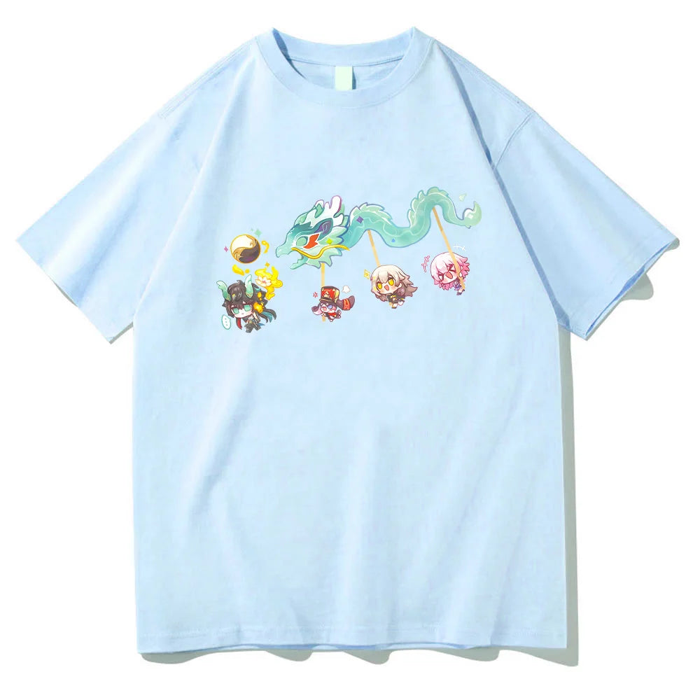 Imbibitor Lunae & Friends Dragon Dance Cotton T-shirt Honkai Star Rail Game Tees Adorable Q-version Cartoon Tops Unisex Clothing