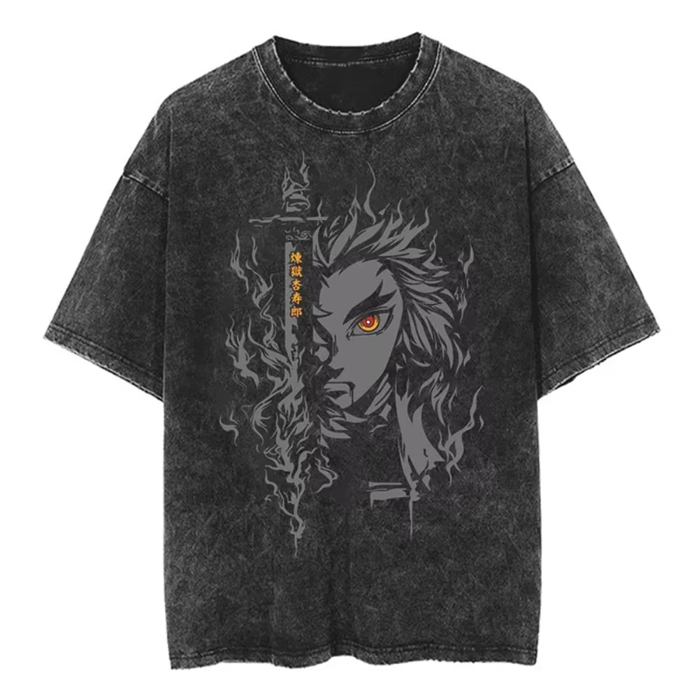 Anime Demon Slayer Shinazugawa Sanemi Cool Printed T-shirt Women Tshirts Vintage Washed Cotton Tee Harajuku Gothic Men T Shirt