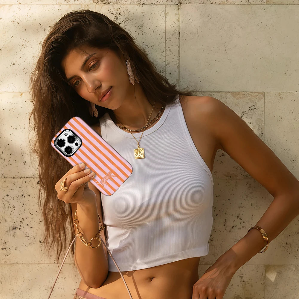 Pink-orange Striped Tiger Phone Case for IPhone 16 15 14 13 12 11 X XS XR XSMAX 7 8 Pro Max Plus Double-layer Back Cover