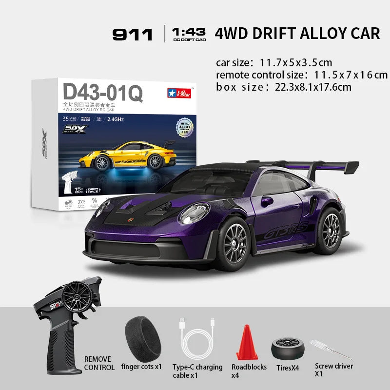 Macro Star D43 Full Proportion Remote Control Drift Car 1:43 Scale Alloy Gyro Four-Wheel Drive Flat Run Luminous Toy Model