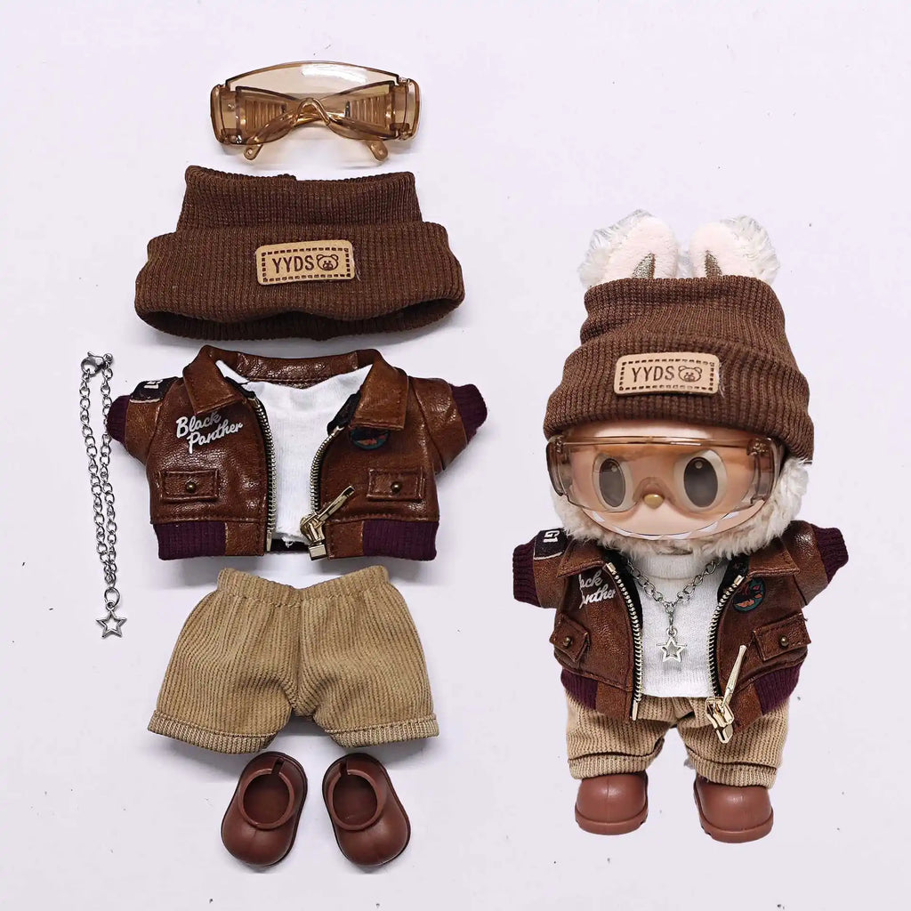 Labubu Retro Pilot Outfit Vintage Leather Jacket Aviator Headset Camera For 15/17cm 1st/2nd/3rd Gen Dolls