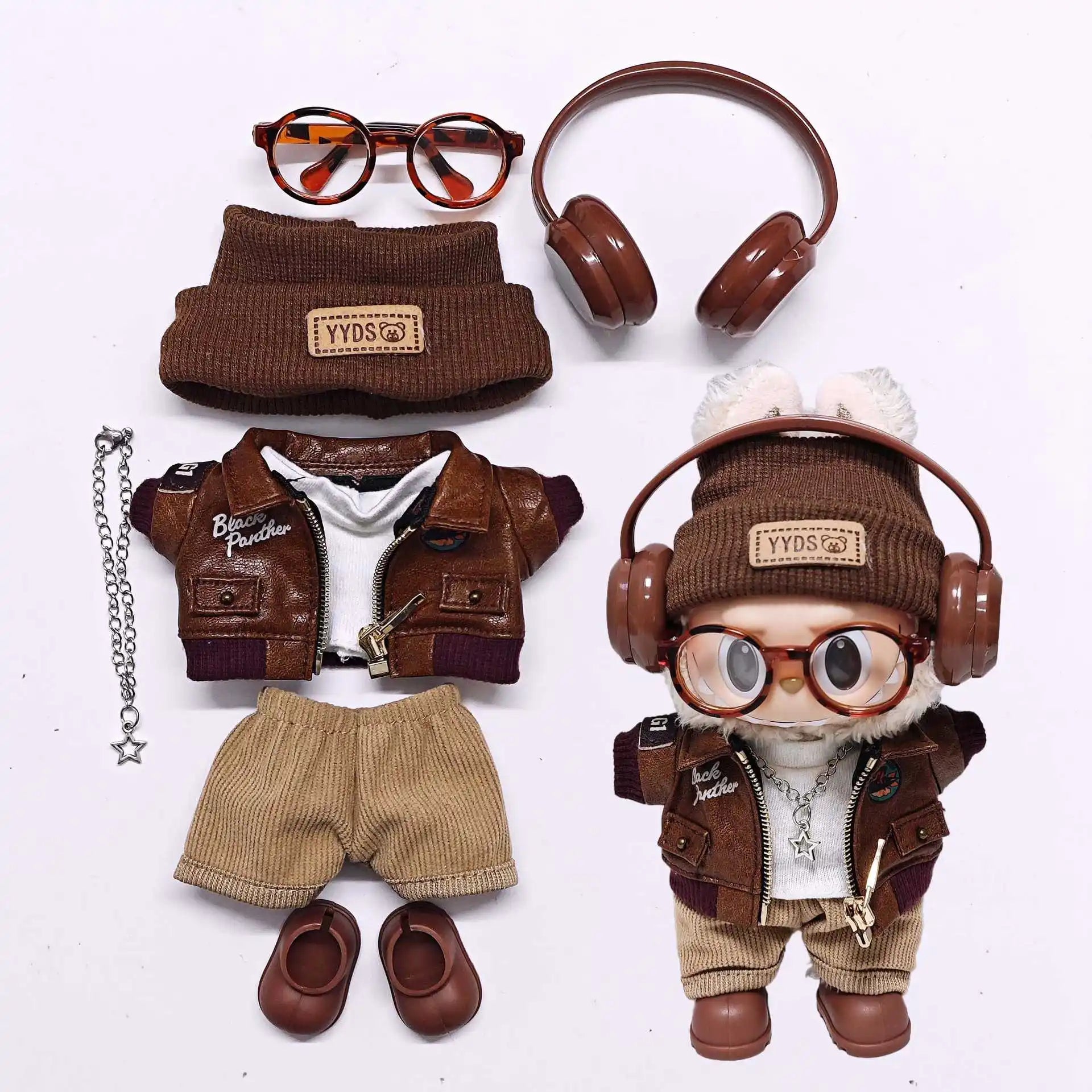 Labubu Retro Pilot Outfit Vintage Leather Jacket Aviator Headset Camera For 15/17cm 1st/2nd/3rd Gen Dolls